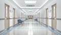 Long Hospital Bright Corridor With Rooms And Seats 3D Rendering