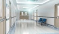 Long hospital bright corridor with rooms and seats 3D rendering Royalty Free Stock Photo