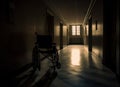 Long hospital corridor with a wheel chair in the middle. Empty hall in clinics. Generative AI Royalty Free Stock Photo