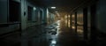 Long hospital hallway with many windows, doors, and composite flooring Royalty Free Stock Photo