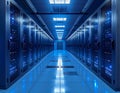 Futuristic data center aisle with glowing blue server racks and overhead lighting server room Royalty Free Stock Photo