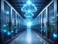 Futuristic data center with glowing cloud icons and server racks Royalty Free Stock Photo