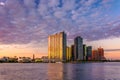 Long Island City at sunrise, seen from Roosevelt Island, New York.