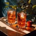 Long Island iced tea cocktail with strong drinks, cola, lime, and ice in a glass, cold long drink, or lemonade. Generative Ai