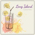 Long island iced tea. Hand drawn vector illustration of cocktail. Colorful watercolor background Royalty Free Stock Photo