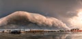 Long Island, New York - June 2, 2019 : Panorama of a large dramatic storm over Long Island NY