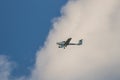 Long Island, New York - June 14, 2019 : A smaller recreational propeller plane flying over Fire Island, NY