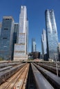 Long Island Rail Road Trains and Modern Skyscrapers at the West Side Yard in Hudson Yards of New York City