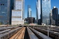 Long Island Rail Road Trains and Modern Skyscrapers at the West Side Yard in Hudson Yards of New York City