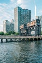 Long Island sign and modern buildings at Gantry Plaza State Park, in Long Island City, Queens, New York