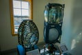 LONG ISLAND, USA, APRIL, 14, 2018: Indoor view of fresnel lens lamp in the Montauk Point Lighthouse at the edge of Long