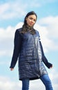 Long jacket coat. Walking alone. Dreamy girl. Young and free concept. Expect more from your clothes. Woman enjoy weather Royalty Free Stock Photo