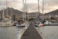 Long jetty with boats in the marina, Mindelo bay, Cape Verde Royalty Free Stock Photo