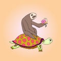 Long Journey, speed. Three friends went on a long trip. Sloth and snail riding a turtle.