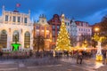 Long Lane in Gdansk with beautiful christmas tree at dusk, Poland