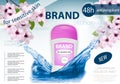 Long-lasting deodorant antiperspirant for woman with water splash and blossom cherry or sakura. Package design or poster,