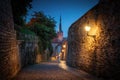 Long Leg Gate Tower and St. Olaf church at night - Tallinn, Estonia Royalty Free Stock Photo