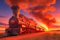 A long line of freight cars, their wheels clacking against the rails as they travel through a golden sunset generated by Ai