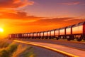 A long line of freight cars, their wheels clacking against the rails as they travel through a golden sunset generated by Ai Royalty Free Stock Photo