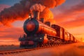 A long line of freight cars, their wheels clacking against the rails as they travel through a golden sunset generated by Ai Royalty Free Stock Photo