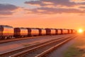 A long line of freight cars, their wheels clacking against the rails as they travel through a golden sunset generated by Ai