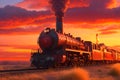 A long line of freight cars, their wheels clacking against the rails as they travel through a golden sunset generated by Ai Royalty Free Stock Photo