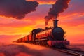 A long line of freight cars, their wheels clacking against the rails as they travel through a golden sunset generated by Ai