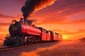 A long line of freight cars, their wheels clacking against the rails as they travel through a golden sunset generated by Ai Royalty Free Stock Photo