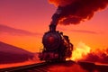 A long line of freight cars, their wheels clacking against the rails as they travel through a golden sunset generated by Ai Royalty Free Stock Photo