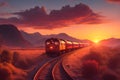 A long line of freight cars, their wheels clacking against the rails as they travel through a golden sunset generated by Ai Royalty Free Stock Photo