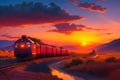 A long line of freight cars, their wheels clacking against the rails as they travel through a golden sunset generated by Ai Royalty Free Stock Photo