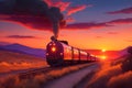 A long line of freight cars, their wheels clacking against the rails as they travel through a golden sunset generated by Ai Royalty Free Stock Photo