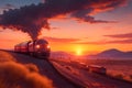 A long line of freight cars, their wheels clacking against the rails as they travel through a golden sunset generated by Ai Royalty Free Stock Photo