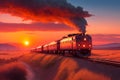 A long line of freight cars, their wheels clacking against the rails as they travel through a golden sunset generated by Ai