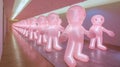 A long line of pink plastic figures on a floor, AI