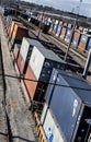 St. Louis, Missouri, United States-circa 2018-long line of train well cars and double stack freight container cars on tracks