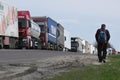 A long line of trucks near the Rava-Ruska border checkpoint on the Ukrainian-Polish border