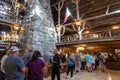 Long lines of people waiting for seating inside the Old Faithful Inn dining room for the buffet