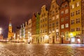 Long Market street in Gdansk, view on the Town Hall and the colourful facades, evening lights, no people Royalty Free Stock Photo