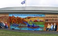 Long metal building with paintings depicting the people who worked on Erie Canal, Lyons New York, 2022