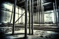 long metal poles standing on floor of building construction scaffolding near building Royalty Free Stock Photo