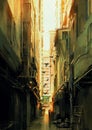 Long narrow alleyway at sunset