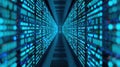 A long, narrow corridor filled with rows of servers, glowing blue with data. The perspective creates a sense of depth and vastness
