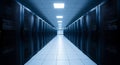 Modern data center corridor with rows of server racks illuminated by bright overhead lighting in a clean high tech facility Royalty Free Stock Photo