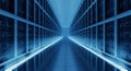 Long narrow corridor in a modern data center with rows of server cabinets and bright tunnel light effect in deep blue environment Royalty Free Stock Photo