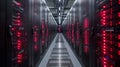 A long, narrow corridor with rows of server racks. Red lights illuminate the room, creating an ominous atmosphere. The floor is