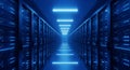 Futuristic server room with rows of glowing blue data racks and bright neon lights data center Royalty Free Stock Photo