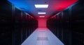 Modern data center corridor with rows of server racks illuminated by red and white lighting for high performance computing Royalty Free Stock Photo