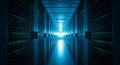 Futuristic data center corridor with glowing blue lights and rows of server racks stretching into distance Royalty Free Stock Photo