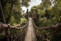 A long narrow suspension bridge with a wooden floor in an adventure rope park. Generative AI Royalty Free Stock Photo